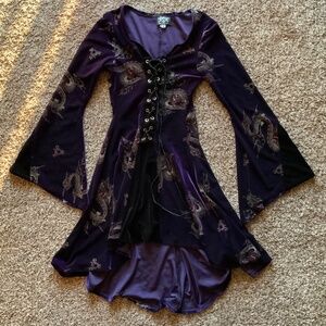 Purple and Black Velvet Dragon High-Low Bell Sleeve Dress